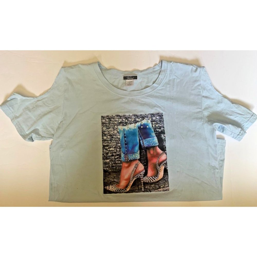 Vivid Linen T-shirt Novelty top Glitzy High Heel shoe screen bling accented XL